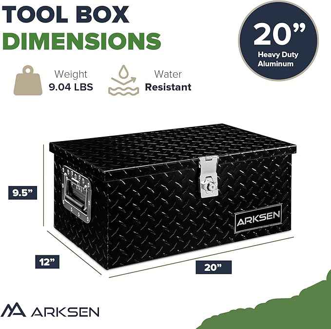ARKSEN 20 x 12 x 10 Inch Diamond Plate Truck Bed Tool Box, Heavy Duty Waterproof Aluminum Toolboxes Storage Chest with Side Handle & Lock for Pickup Truck Bed, RV & Trailer – Black
