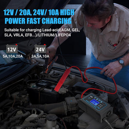 20-AMP Car Battery Charger, 12V 20A and 24V 10A Smart Automotive Charger, Battery Maintainer, Trickle Charger for Car, Motorcycle, Boat, Lead-Acid, Lithium, LiFePo4 Battery