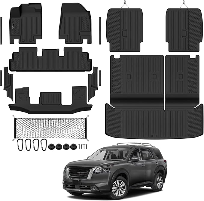 Tongama-Floor Mats for 2022-2026 Nissan Pathfinder 7 Seat with Bucket Seats, All Weather TPE Trunk Mat with Backrest Mat & 2nd Row Backrest Mats & Cargo Net & Full Coverage Door Sill Guards Kit