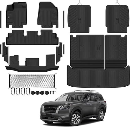 Tongama-Floor Mats for 2022-2026 Nissan Pathfinder 7 Seat with Bucket Seats, All Weather TPE Trunk Mat with Backrest Mat & 2nd Row Backrest Mats & Cargo Net & Full Coverage Door Sill Guards Kit