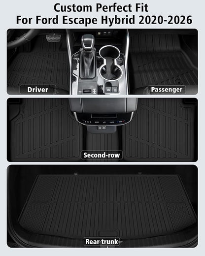 Floor Mats & Cargo Liner Custom Fit for Ford Escape Hybrid 2020-2025 2026 (NOT Fit Gas) All Weather TPE Rubber Trunk Mat Anti-Slip Full Set Automotive Floor Liners for Escape 2025 Accessories