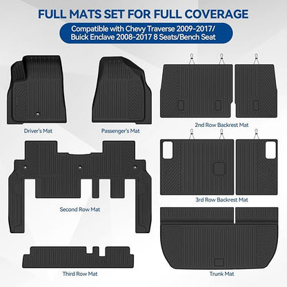 Custom Fit Floor Mats for Chevy Traverse 2009-2017/Buick Enclave 2008-2017 8 Seats/Bench Seat, All Weather TPE Floor Liners & Trunk Mat & 2nd/3rd Row Backrest Mats, Full Set Interior Accessories