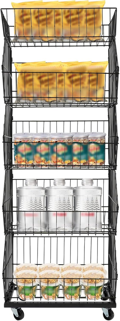Retail Display Rack 5-Tier Market Merchandise Display Shelf Fruit Storage Shelf Vegetable Snack Basket Retail Store Supplies with Wheels for Home Store Market (18" D X 19" W X 55" H- Black)