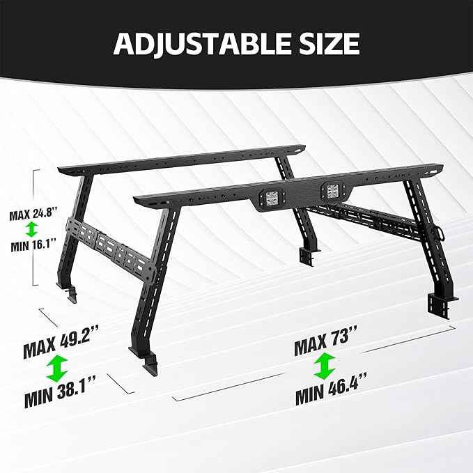 Adjustable 16-24.8" High Truck Bed Racks with 2 Led Light Compatible for Tacoma/Silverado/Sierra/Ram/Tundra/Titan/Frontier/Canyon/Gladiator JT/Ford F-Series, Ladder Cargo Rack