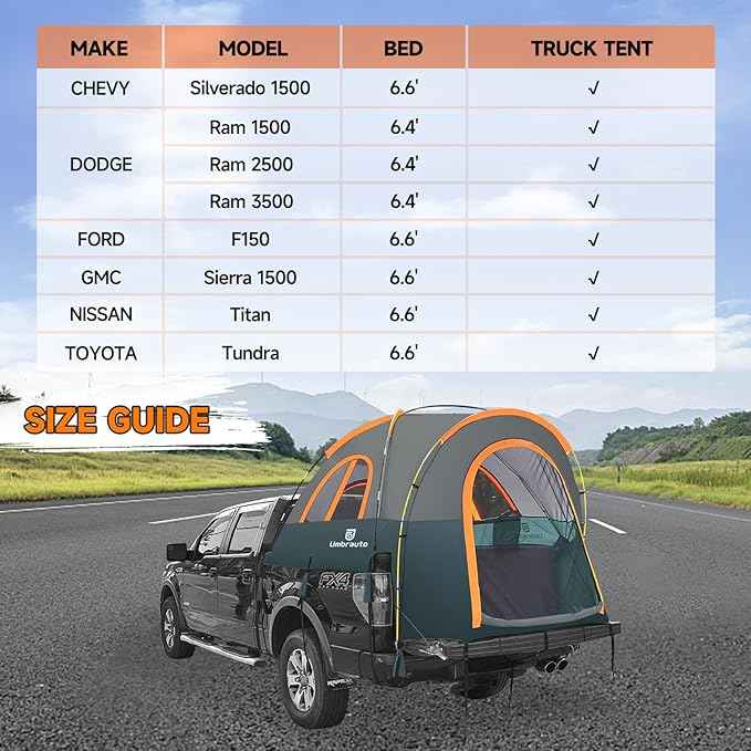 Truck Bed Tent 6.4' ~ 6.7' Easy Set Up Umburato Pickup Truck Tents for Camping, Waterproof PU3000mm Canopy for Truck Camper, Portable, Spacious for 2 Person Green