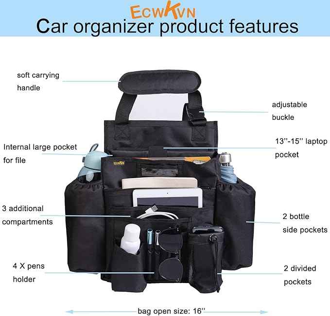 Car Front & Back Seat Organizer with Dedicated Tablet/Laptop Compartment, Passenger Seat File Storage with Cup Holder, Adjustable Backrest, and Padded Shoulder Strap