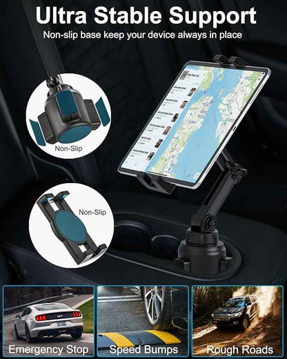 woleyi Cup Holder Car Tablet Mount, iPad Mount Holder for Car/Truck, 360° Rotation Adjustable Universal Tablet Stand Cradle Compatible with iPad Pro Air Mini, Galaxy Tab, Z Fold, iPhone, 4-13" Devices