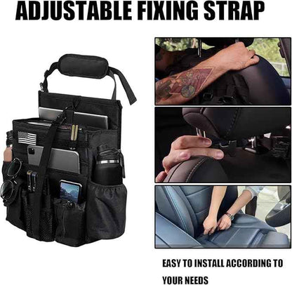 Front & Seat back organizer with dedicated tablet and 15.6 IN laptop storage stabilizers external stabilizing side straps soft adjustable shoulder straps hardened buckle Universal fits for Most of Car