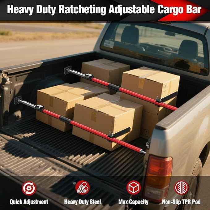 3-H Truck Cargo Bar, 43"-77" Adjustable Support Pole All Metal,Cabinet Jack,Truck Bed Divider with Self-Locking Spring Ratchet - Load Lock Bar for Vans, SUVs & Trucks,Red,2pc & Divider Bar