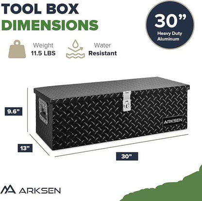 ARKSEN 30 x 13 x 10 Inch Diamond Plate Truck Bed Tool Box, Heavy Duty Waterproof Aluminum Toolboxes Storage Chest with Side Handle & Lock for Pickup Truck Bed, RV & Trailer – Black