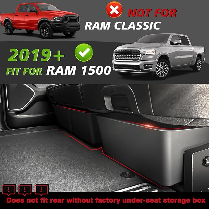 Under Seat Storage Box for Dodge Ram 1500 2025 2019-2024 Crew Cab Accessories Custom Fit Detachable Rear Underseat Organizer (No for Classic and Trim w/o Factory Under-seat Storage)