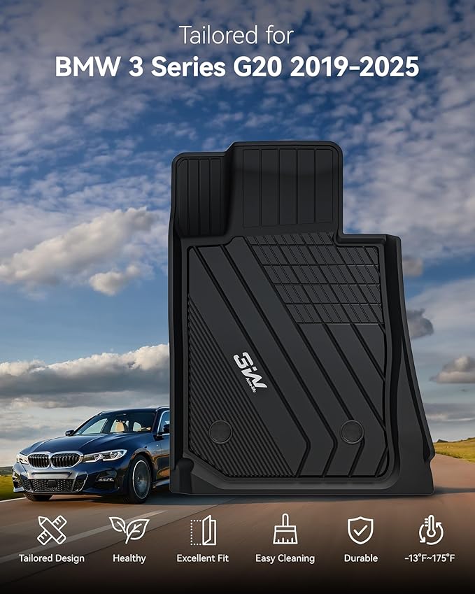 3W Floor Mats Custom Fit for 2019-2023 2024 2025 BMW G20 3 Series 330i 330e Sedan, TPE All Weather Floor Liner for BMW 3 Series G20 Accessories 1st and 2nd Row Full Set Car Mats (NOT for GT & 2 Door)
