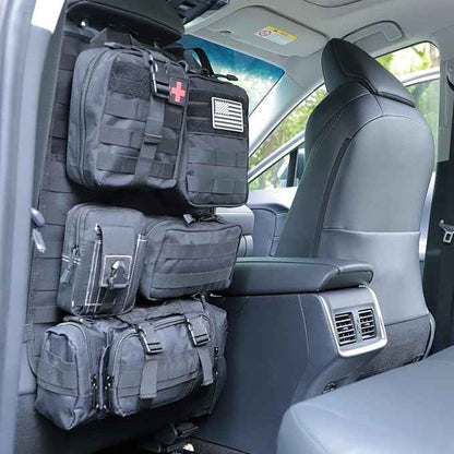 tactical car seat back organizer and storage truck seat covers with a Molle Vehicle Panel and 5 Different Size Molle Pouches for most models such as Jeep,SUV,Pickup(Black)