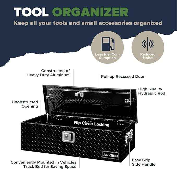 ARKSEN 39 x 13 x 10 Inch Diamond Plate Truck Bed Tool Box, Heavy Duty Waterproof Aluminum Toolboxes Storage Chest with Side Handle & Lock for Pickup Truck Bed, RV & Trailer – Black