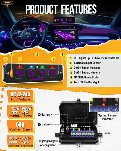 Auxbeam 4 Gang Slim Switch Panel RGB AS-R40 Toggle Momentary Pulsed Dimmable Backlight Multifunction Switch Panel with Memory Function for 12-24V Truck Offroad Car Marine Waterproof 2 Years Warranty