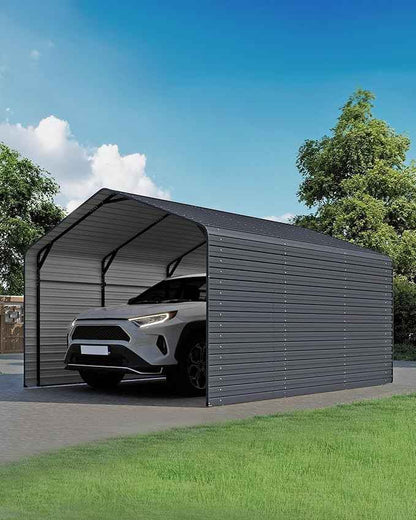 Heavy Duty Metal Carport, 10x15FT Outdoor Carport Canopy with Galvanized Steel Roof and Reinforced Base,Metal Side Panels,Sidewalls,Garage Shelter Shade for Cars,Trucks, Boats, Gray