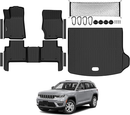 Tongama-Floor Mats for 2022-2025 2026 Jeep Grand Cherokee (Include 4xe Not WK or L), All Weather TPE Trunk Mat and Cargo Net and Door Sill Guards for Jeep Grand Cherokee Floor Liner Accessories