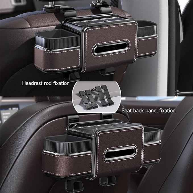 Multifunctional Car Headrest Backseat Organizer Box with Drink Cup Holder, Makeup Mirror, Tissue Box & Hooks for Car Seat Back, Upgrade Car Headrest Backseat Organizer Great for Kids and Travel(Brown)