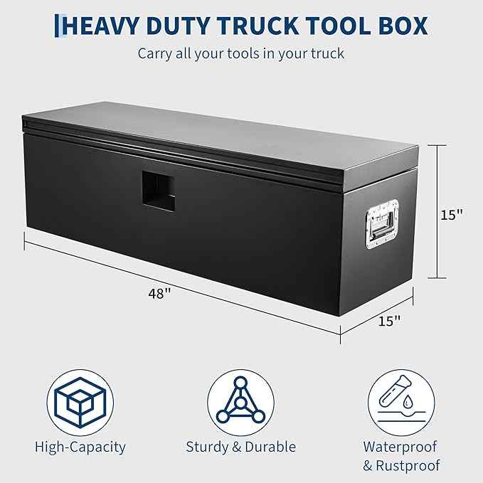 PeakPursuit Heavy Duty Black Steel Truck Bed Toolbox – 48x15 in Weatherproof Storage Chest with Dual Hydraulic Levers, Lock & Keys, Rubber Seal, Ideal for Pickup, RV, Trailer, Garage, Workshop