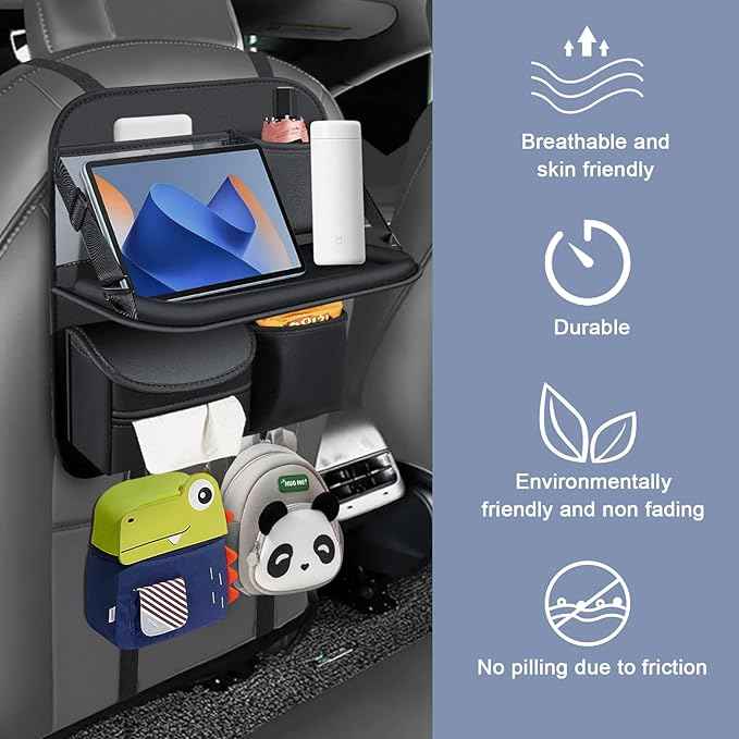 2 Pack Back Seat Car Organizer with Fold-Out Tray for 11" Tablets - Upgraded Nappa Leather, with Touchable PVC for 8" Mobile Phones, Including Tissue Dispenser, Suitable for Autos and SUVs, Black