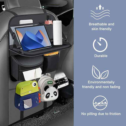 1 Pack Back Seat Car Organizer with Fold-Out Tray for 11" Tablets - Upgraded Nappa Leather, with Touchable PVC for 8" Mobile Phones, Including Tissue Dispenser, Suitable for Autos and SUVs, Black