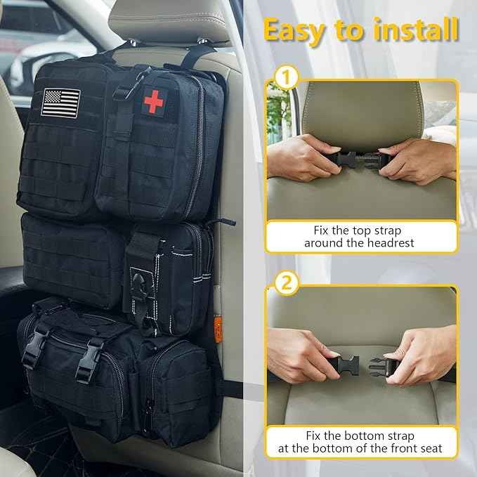 Universal Tactical Car Seat Back Organizer Bag Tactical Molle Vehicle Organizers Panel Vehicle Protector Organizers with 5 Detachable Pouches for Car Truck Ford Jeep (Black)