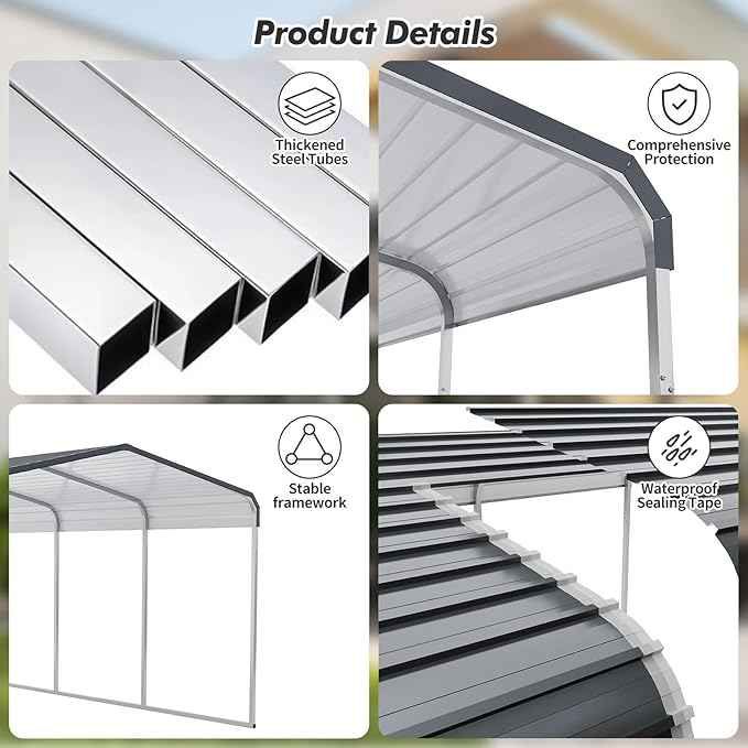 12x20 Metal Carport, Heavy Duty Carport, Shelter with Galvanized Metal Roof and Updated Frame, Car Canopy Garage for Car, Pickup, Boats and Tractors