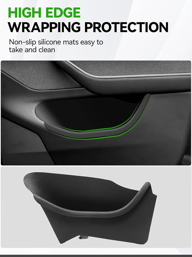 4PCS Door Side Storage Box Full-Wrap Pocket Liner compatible with 2026 2025 Tesla Model Y Juniper Accessories TPE Front and Rear Full Cover Door Side Organizer Tray