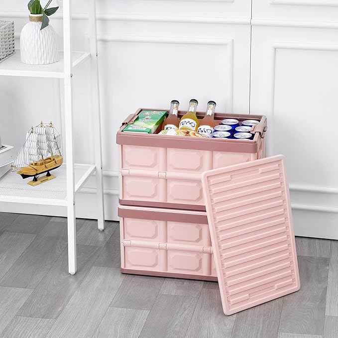 Pink Collapsible Storage Bins with Lids 2-Pack, Folding Plastic Stackable Utility Crates 30L, Durable Containers for Home & Garage Organization