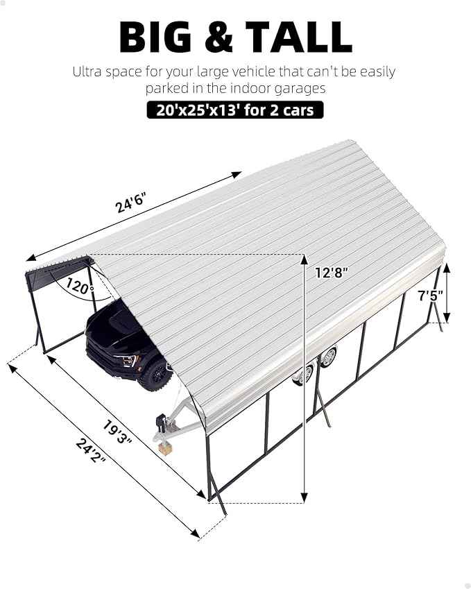 Garveelife 20'x25'x13' Metal Carport for 2 Cars, Heavy Duty Car Ports for Heavy Snow, Reinforced Frame, Tall Metal Car Ports for Bass Boats, Full-Sized Pickup Trucks, and Tractors, N.W. 980 Lbs