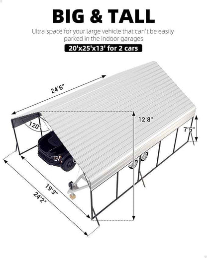 GarveeLife 20'x25'x13' Metal Carport for 2 Cars, Heavy Duty Car Ports with Reinforced Frame, Tall Metal Car Ports for Bass Boats, Full-Sized Pickup Trucks, and Tractors