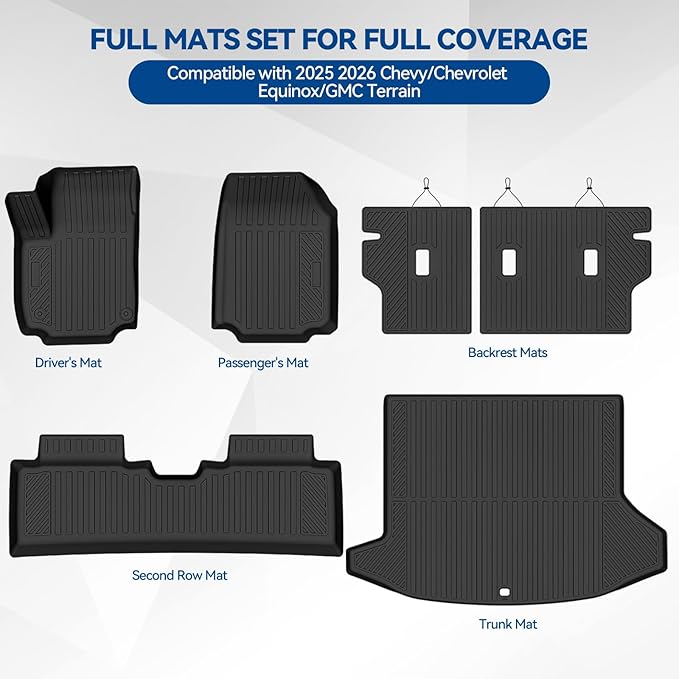 Custom Fit Floor Mats for 2025 2026 Chevy/Chevrolet Equinox/GMC Terrain, All Weather TPE Floor Liners with Trunk Mat & Backrest Protectors, Odorless Full Set Interior Accessories