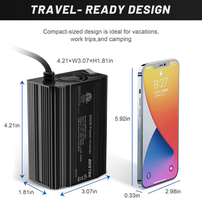 BESTEK 300W Power Inverter DC 12V to 110V AC, Durable Aluminum Housing Car Charger Adapter with 4.8A Dual USB Fast Charging Port, Car Plug in Cigarette Lighter Outlet for Phone, Laptop