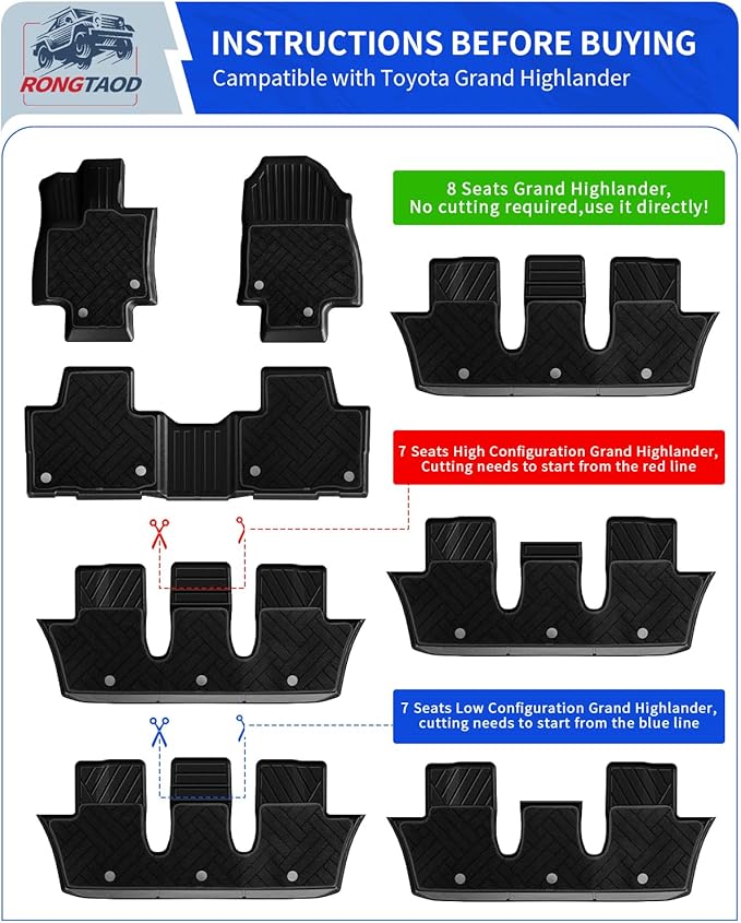Rongtaod Carpeted Floor Mats Compatible with 2024 2025 2026 Toyota Grand Highlander 7&8 Seats Trunk Mat Cargo Mat Back Seat Cover Grand Highlander Accessories (Trunk Mat with Backrest Mat+Floor Mats)