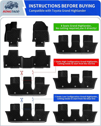 Rongtaod Carpeted Floor Mats Compatible with 2024 2025 2026 Toyota Grand Highlander 7&8 Seats Trunk Mat Cargo Mat Back Seat Cover Grand Highlander Accessories (Trunk Mat with Backrest Mat+Floor Mats)