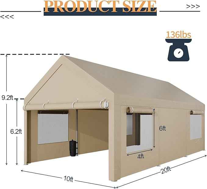 Shintenchi Portable Garage Canopy,10x20 FT Heavy-Duty Design Carport,Carport Canopy