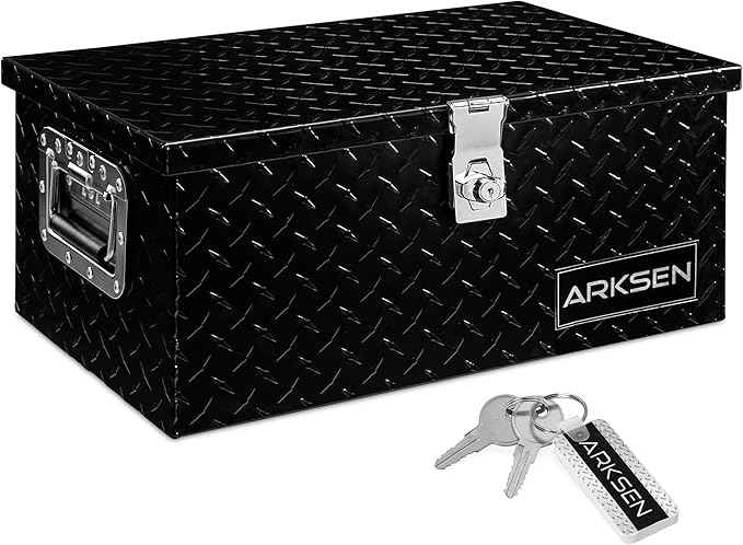 ARKSEN 20 x 12 x 10 Inch Diamond Plate Truck Bed Tool Box, Heavy Duty Waterproof Aluminum Toolboxes Storage Chest with Side Handle & Lock for Pickup Truck Bed, RV & Trailer – Black