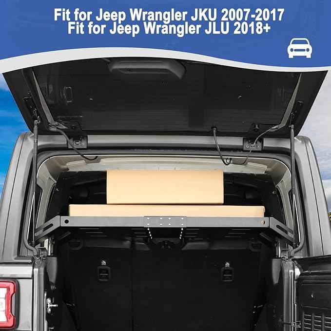 RT-TCZ Rear Trunk Cargo Rack Basket for Jeep Wrangler JKU (2007-2017) & JLU (2018+), 4 Door Interior Storage Shelf, Black Aluminum Alloy & Stainless Steel, 3PCS Assembled Pallet