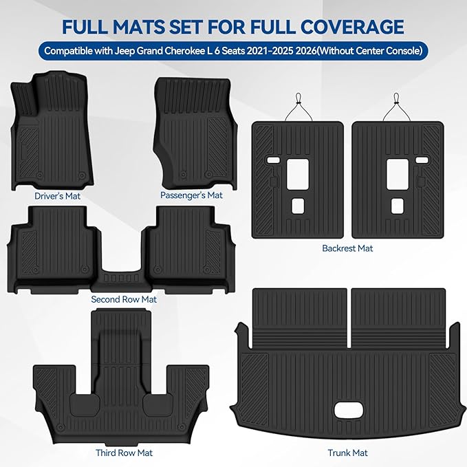 Custom Fit Floor Mats for Jeep Grand Cherokee L 6 Seats/Captain Seat 2021-2026(Without Center Console), All Weather TPE Floor Liners & Trunk Mat & Backrest Protectors, Full Set Accessories