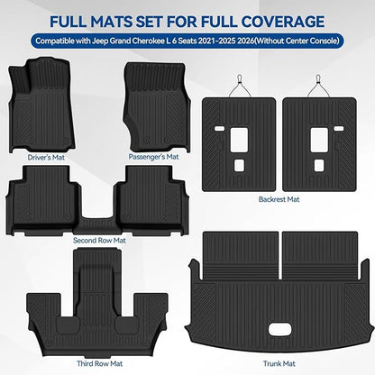 Custom Fit Floor Mats for Jeep Grand Cherokee L 6 Seats/Captain Seat 2021-2026(Without Center Console), All Weather TPE Floor Liners & Trunk Mat & Backrest Protectors, Full Set Accessories