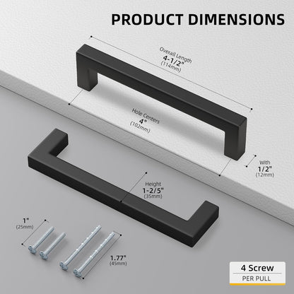 Goldenwarm 10 Pack Black Square Bar Cabinet Pull Drawer Handle Stainless Steel Modern Hardware for Kitchen and Bathroom Cabinets Cupboard,Center to Center 4in(102mm) Cabinet Handles