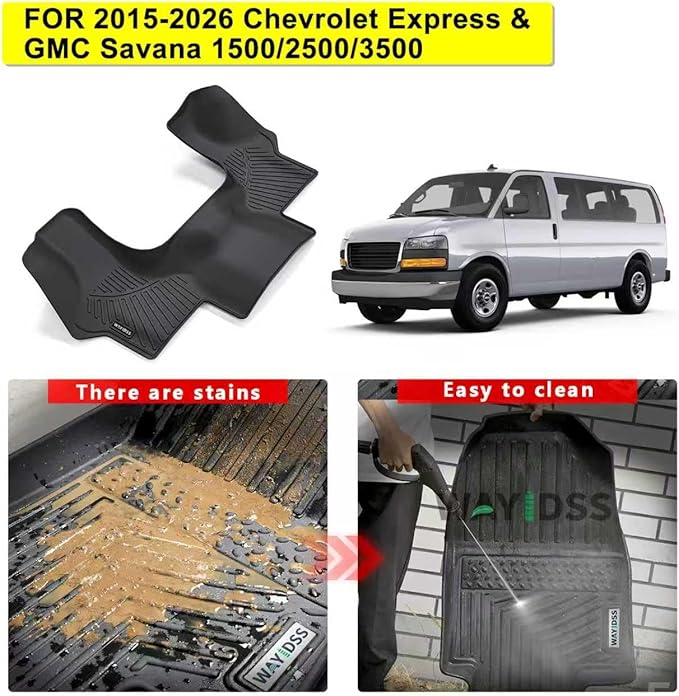 Floor Mats for 2015-2025 2026 Chevrolet Express & GMC Savana 1500/2500/3500,TPE All Weather Protection Chevy Express Front Row mat, Black mat Accessories