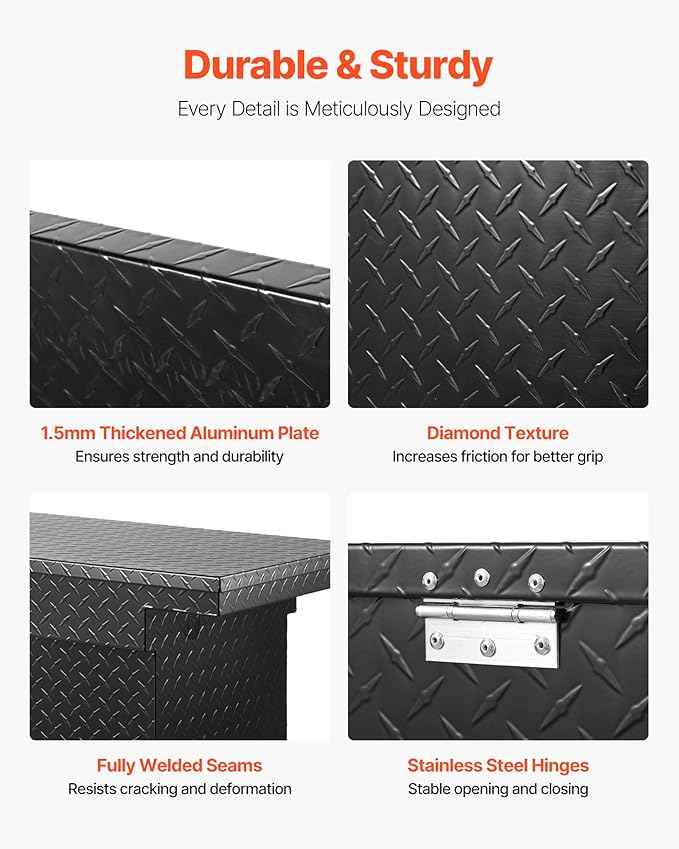 VEVOR Crossover Truck Tool Box, 71x27x18 In, Heavy Duty Aluminum Toolbox with Diamond Texture, Pick Up Truck Bed RV Trailer Toolbox, Waterproof Storage Organizer with Lock, Keys, Side Handles, Black
