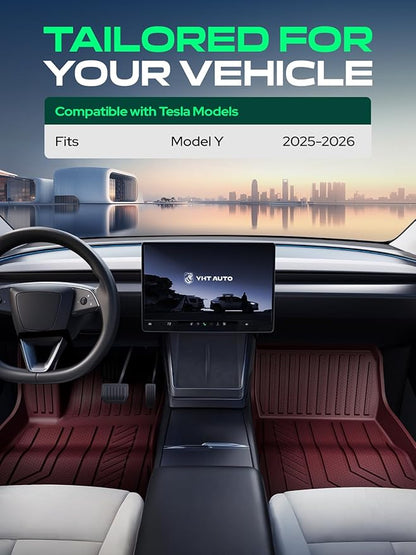 YHTAUTO Floor Mats Fit Tesla Model Y Juniper 2025 2026, All Weather TPE Frunk Trunk Cargo Liner Front & Rear Storage Mats, Model Y Accessories for 5-Seat, Full Set Red Floor Mats