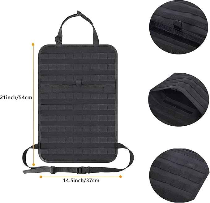 tactical car seat back organizer and storage truck seat covers with a Molle Vehicle Panel and 5 Different Size Molle Pouches for most models such as Jeep,SUV,Pickup(Black)