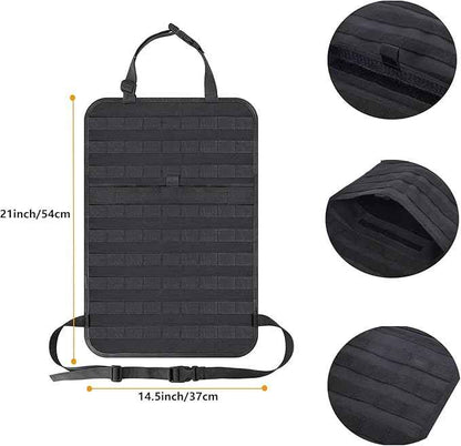 tactical car seat back organizer and storage truck seat covers with a Molle Vehicle Panel and 5 Different Size Molle Pouches for most models such as Jeep,SUV,Pickup(Black)