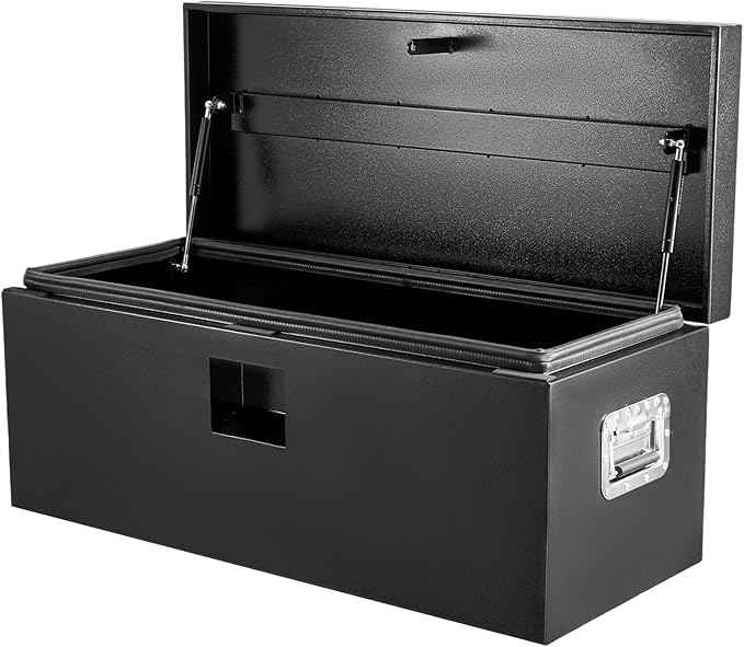 PeakPursuit 48" Black Industrial Steel Truck Bed Tool Box – Heavy-Duty Weatherproof Chest with Gas-Shock Grooved Lid, Pry-Resistant Lock, Fits Pickup, RV, Trailer