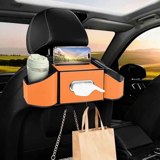 7-In-1 Car Seat Back Organizer with Cup Holders, Tissue Box, Garbage Can&Hooks, Multifunctional Headrest Storage Organizer, Headrest Cup Holder for Backseat, Car Accessories for Trips, Travels(Orange)