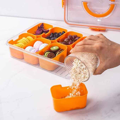 Divided Snack Serving Tray with Lid and Handle Travel Snackle Charcuterie Container Portable Storage Organizer for Candy, Fruits, Nuts, Snacks, Party, Picnic (1pack, Orange)