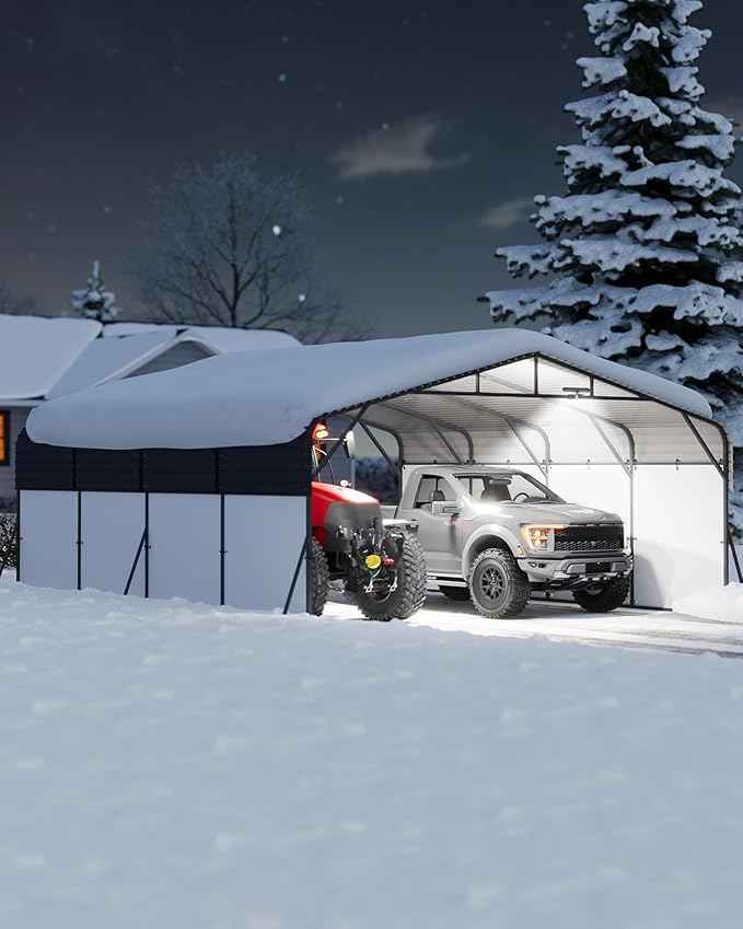 20x20FT Metal Carport Heavy-Duty Build with LED Light & Galvanized Steel Roof, Reinforced Stable Structure with Removable PE Sidewalls(White), Spacious Versatile Shelter for Cars, Boats, and Events